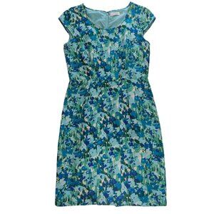 Calvin Klein Linen Blend Blue Green Floral Sheath Dress Classic Chic *SZ 4
